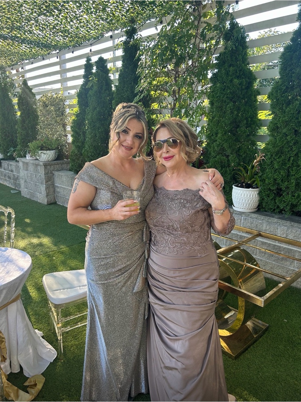 Xscape Metallic Taupe Off-Shoulder Evening Gown